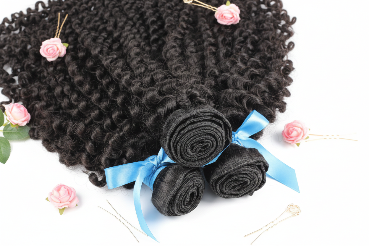 Mongolian 3 Bundle Kinky Curly - Blue Ribbon & Rubber Band